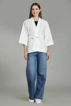 Puuvillane kimono taimetrükiks — GOTS orgaaniline slub puuvill, naturaalne valge