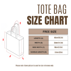 Puuvillase kandekoti mõõdutabel (tote bag size chart), mis näitab koti pikkust 40 cm, laiust 38 cm ja sanga pikkust 57 cm. Solmann Stuudio.