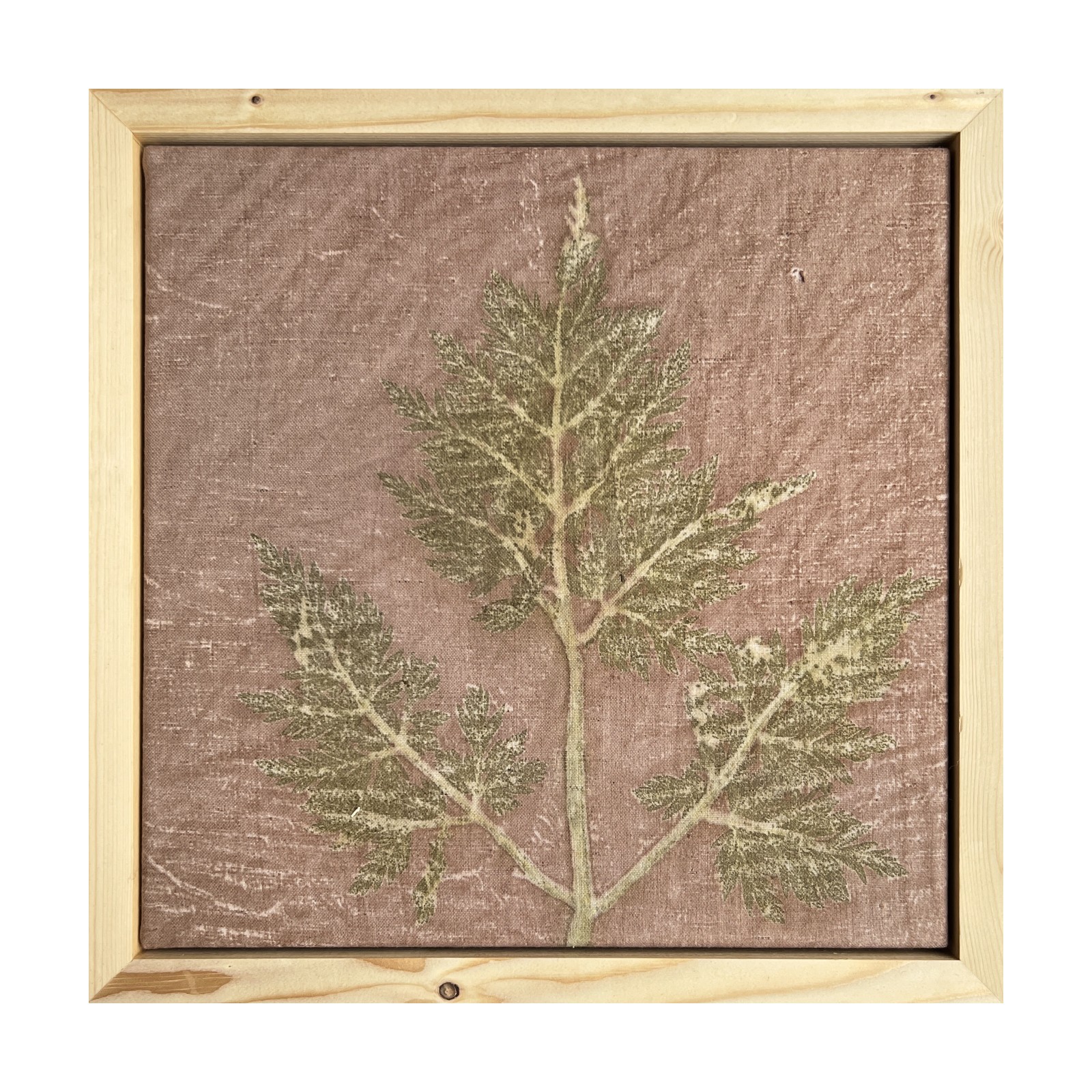 Mets-harakputke leht, taimetrükk linasel, raamitud pilt 35×35 cm